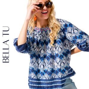 BELLA TU Blue Beaded Batik / Tie Dye Top, XS, NWT!